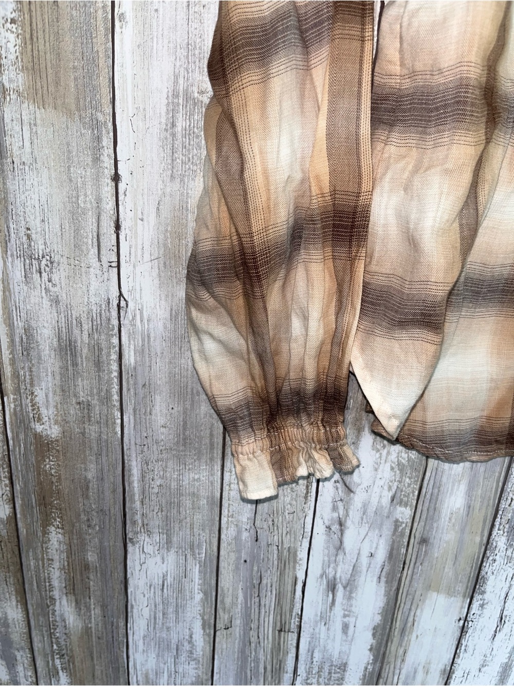 Talbots Ruffle Trim Popover Sunrise Plaid Top Blouse Brown Tan S - Picture 3 of 5